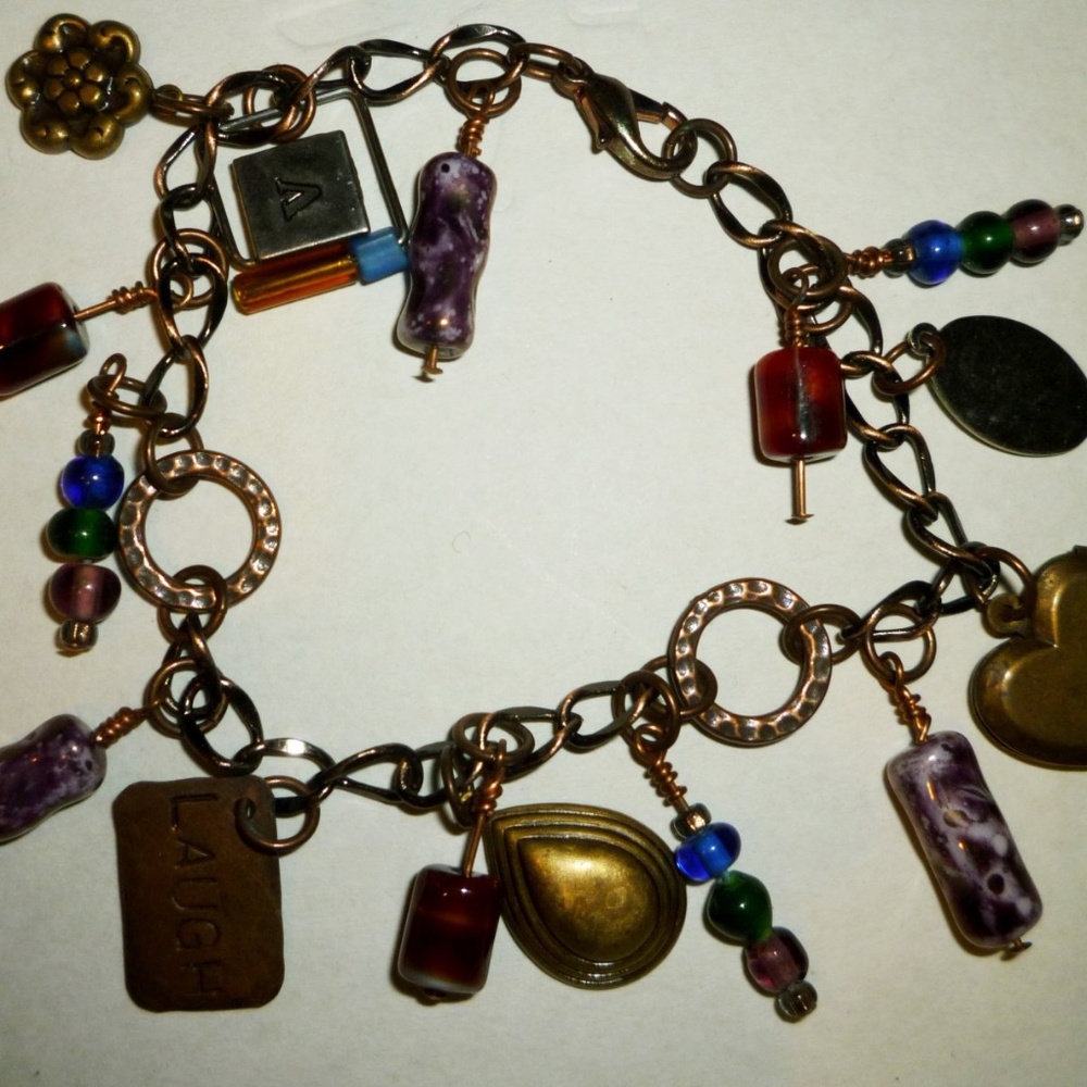 VINTAGE COPPER/BRONZE CHAIN CHARM BRACELET LOCKET HEART LAUGH CHERISH FLOWER